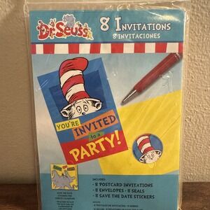 New 8pc Dr. Seuss party invitations and envelopes with save the date sticker